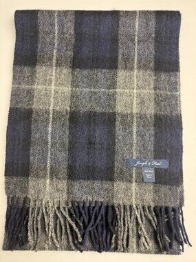 Joseph & Feiss Men’s 100% Wool Plaid Scarf Navy Gray Black Tartan Fringe